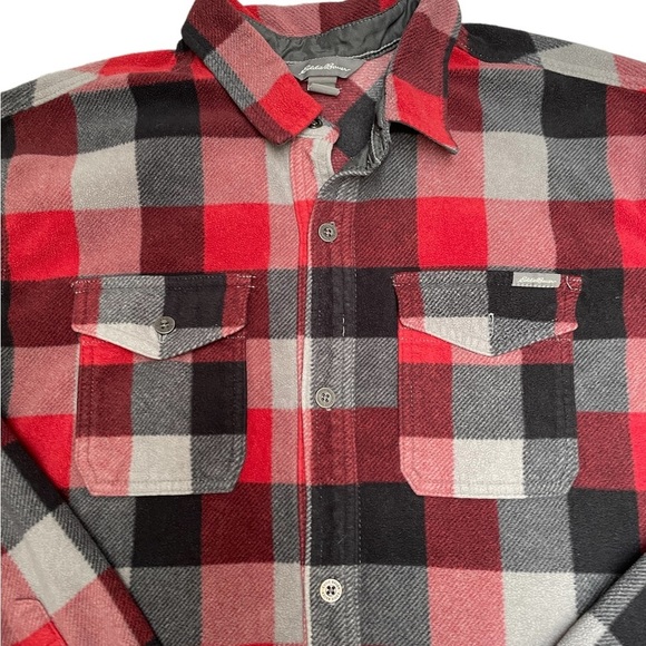 Eddie Bauer red black gray flannel button down long sleeve fleece shirt size XL - Picture 2 of 9